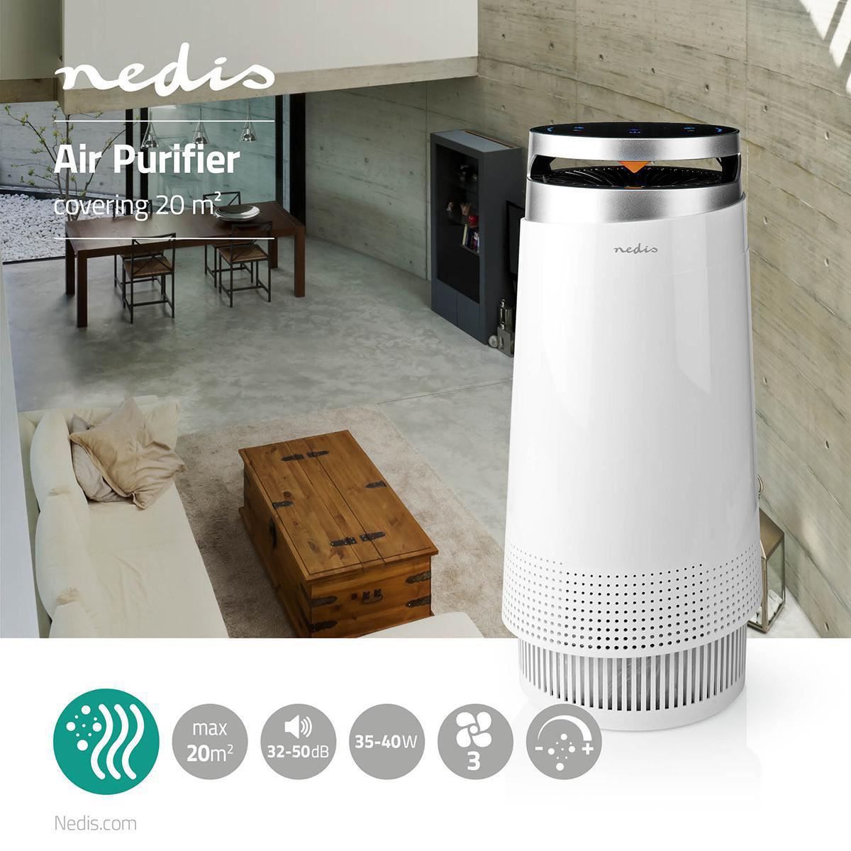 Nedis Air Purifier | Suitable for space up to: 20 m² | Clean Air Delivery Rate (CADR): 130 m³/h | Air quality indicator | White