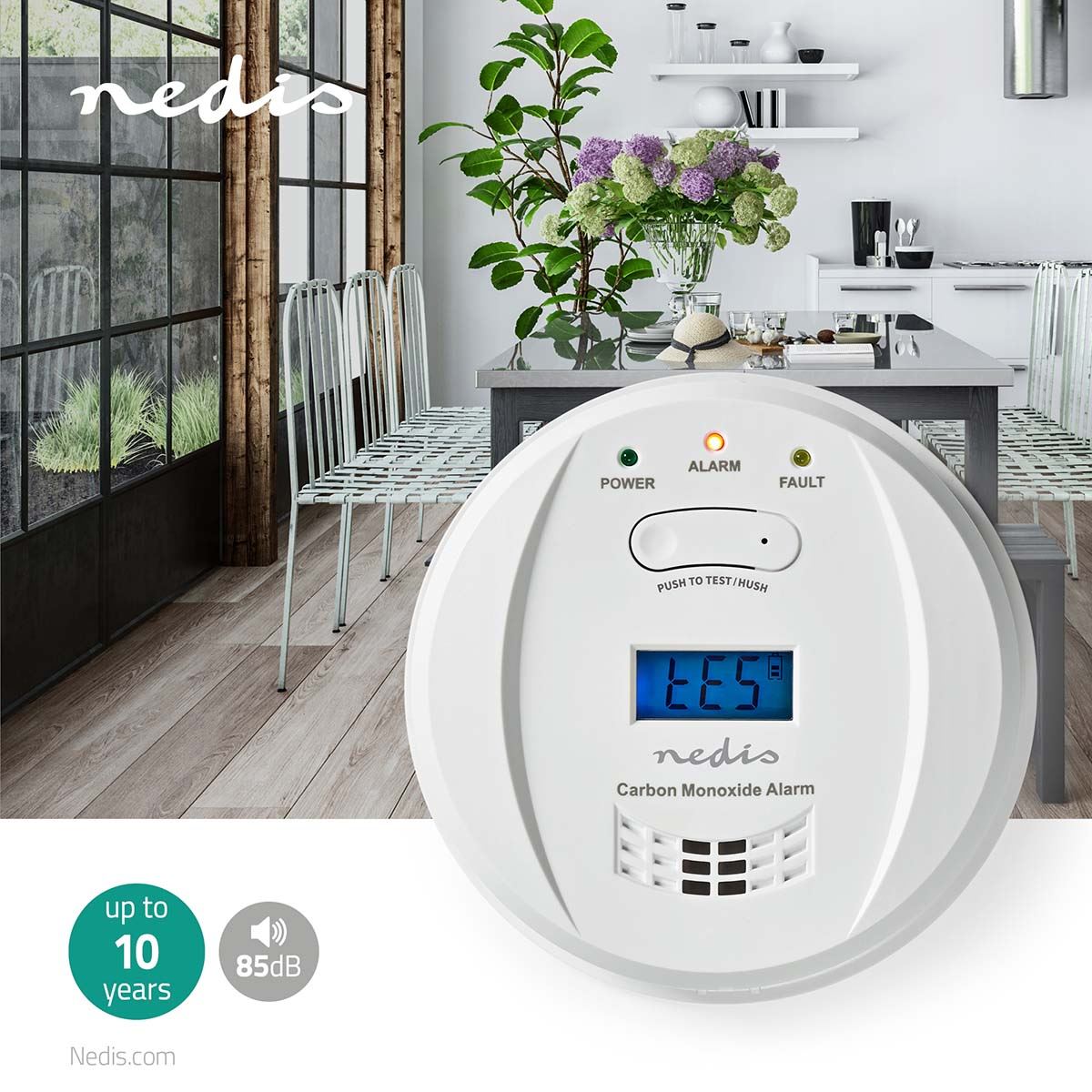Nedis Carbon Monoxide Alarm | Battery Powered | Battery life up to: 5 year | With pause button | With test button | 85 dB | White
