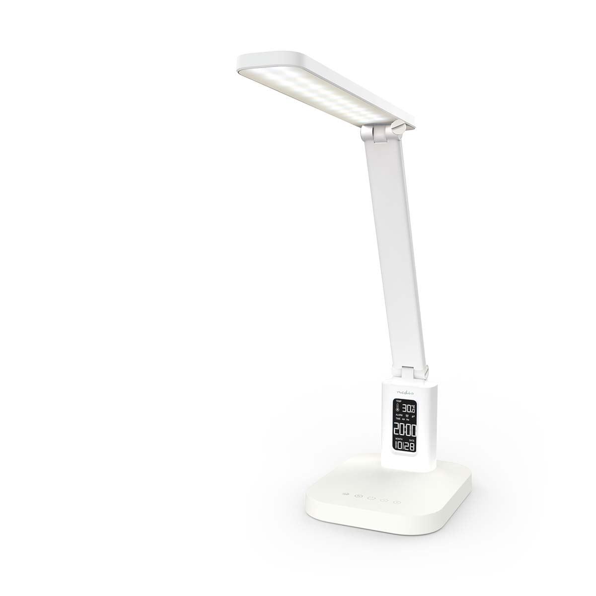 Nedis Rechargeable LED Desk Lamp with Clock - Touch Dimmable, 3 Light Modes, Alarm, Calendar, Temperature Display, Foldable Design
