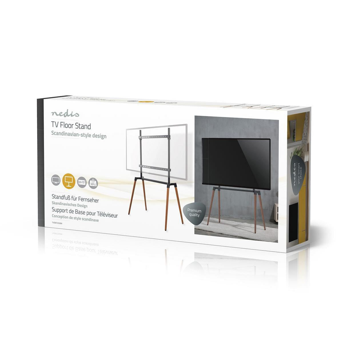Nedis TV Floor Stand | 60 - 75 " | Maximum supported screen weight: 40 kg | Scandinavian Design | Anti-tip strap | Snap-lock | Aluminium / Steel | Black