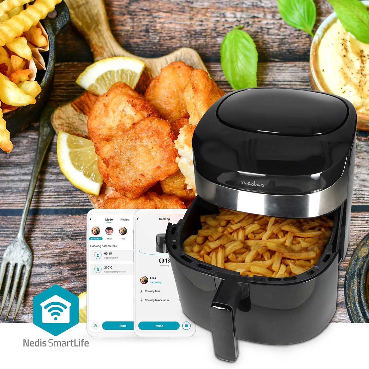 Nedis 7.2L Hot Air Fryer Wi-Fi SmartLife XXL for Healthy Low Fat Cooking, with Adjustable Temperature, Digital Display Control, 8 Presets and 60 Minute Timer, 1800W - Black