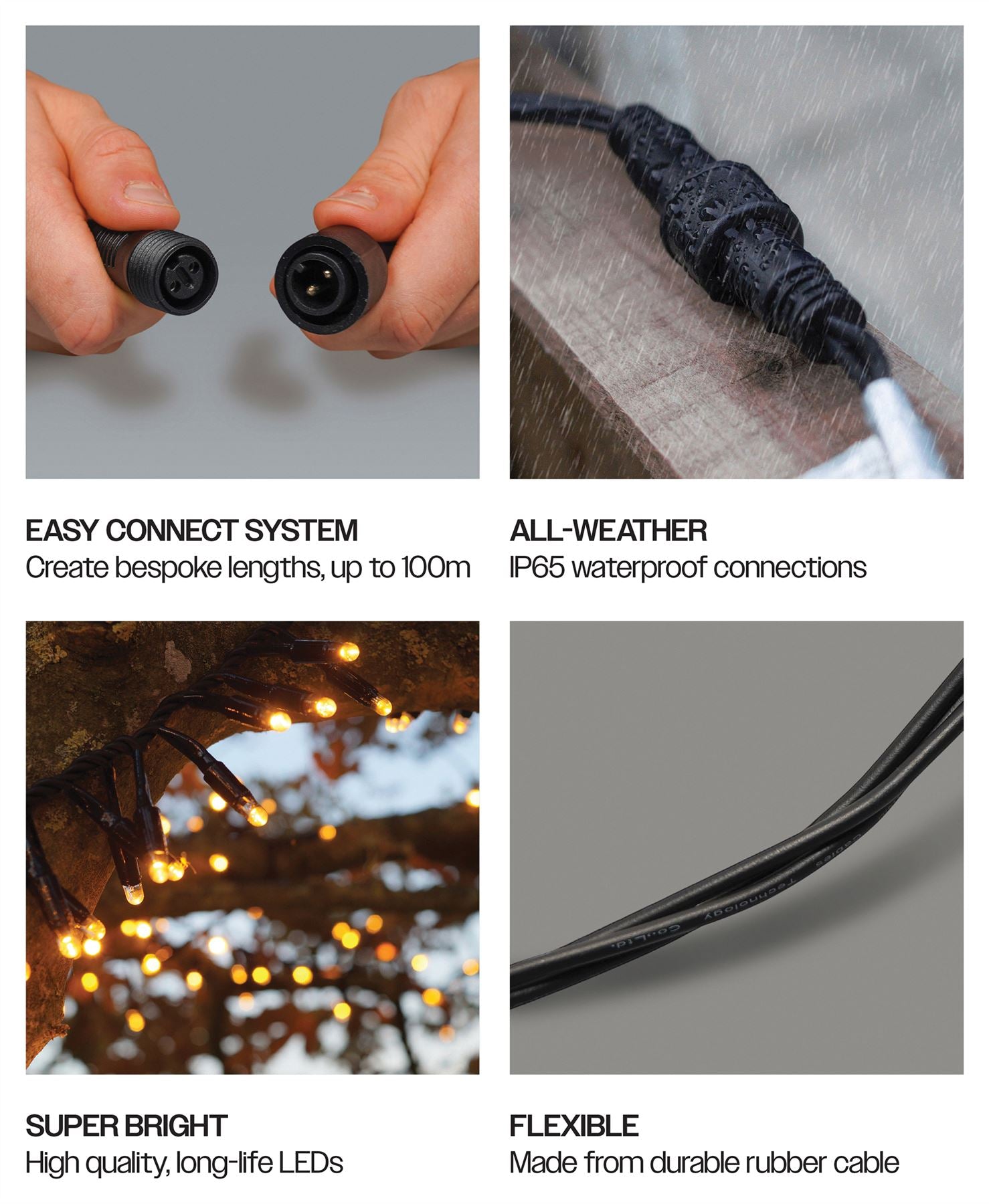 5m Easy-Connect Copper Gold Warm White 250 LED Cluster String Lights With Interconnectable Black Rubber Cable