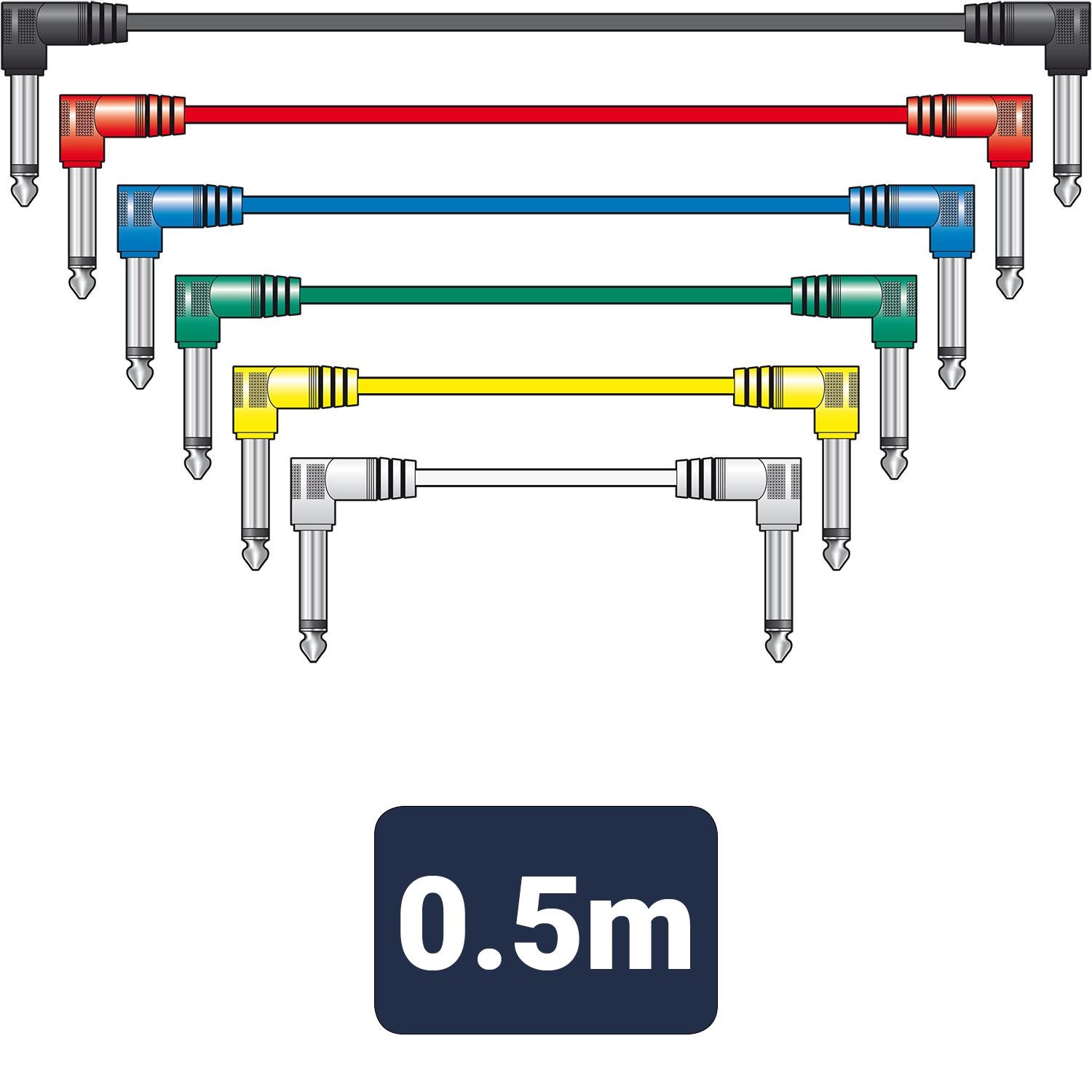 Citronic 6x 50cm 0.50m Classic 6.35mm Right Angled Jack Plug Mono Patch Lead Set Guitar Pedals Mixers - Coloured
