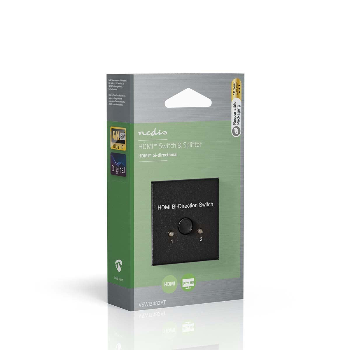 Nedis HDMI™ Switch | 3 port(s) | 1x HDMI™ Input / 2x HDMI™ Input | 1x HDMI™ Output / 2x HDMI™ Output | 4K@60Hz | 6 Gbps | Metal | Anthracite