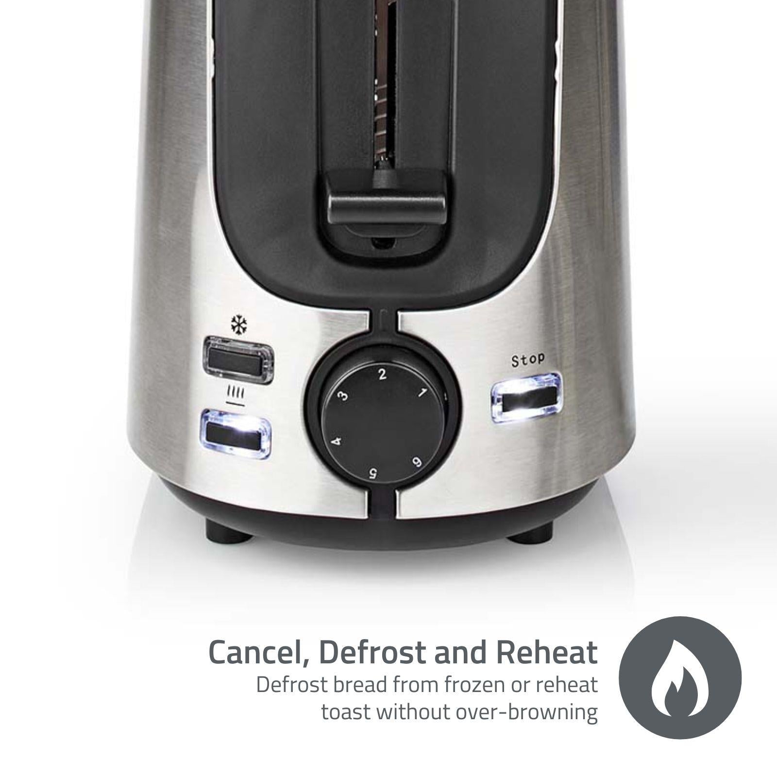 Nedis 1000W 1 Slot Stainless Steel Toaster with 6 Browning Levels, Defrost & Reheat Settings - Stainless Steel