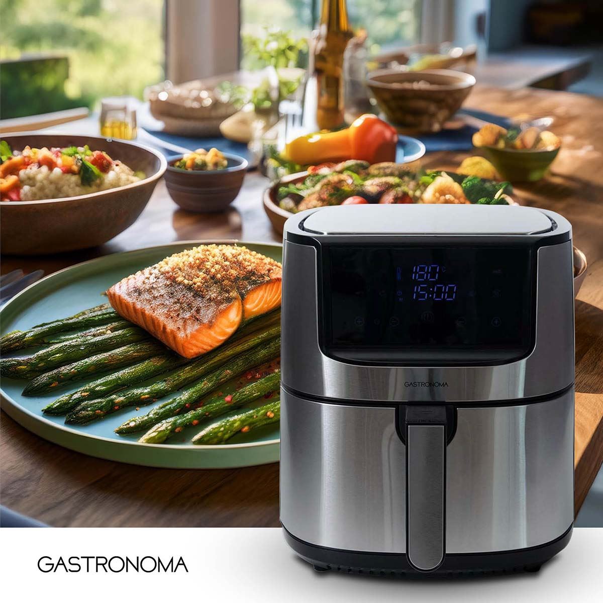Gastronoma Digital Hot Air Fryer Large XXL 8L with 60 Min Timer, 8 Presets, Includes Cake Barrel, Pizza Pan, Grill Rack - Stainless Steel