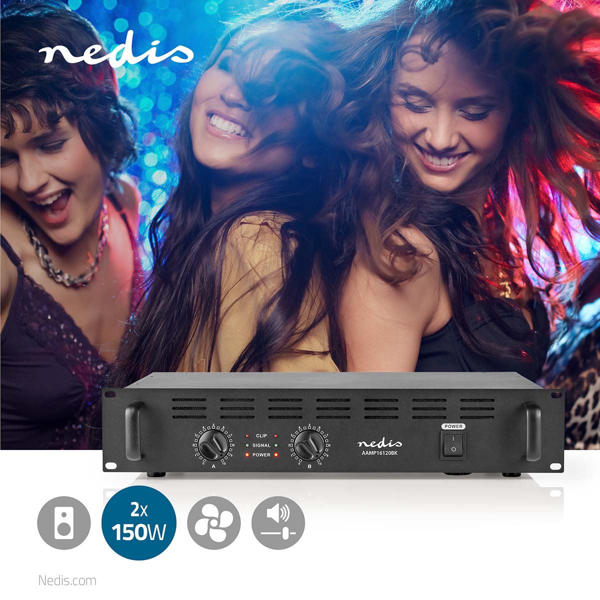 Nedis PA Amplifier, Semi-Professional 2x 150 W with Built-In Cooler, Peak Level Indicator, Fits 19"  Rack Cabinets, XLR, Lockable Speaker Connector & Binding Posts