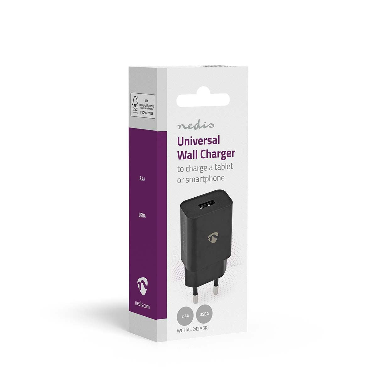 Nedis EU Euro Travel Wall Charger | 12 W | Quick charge feature | 1x 2.4 A | Number of outputs: 1 | USB-A | No Cable Included | Single Voltage Output | Black