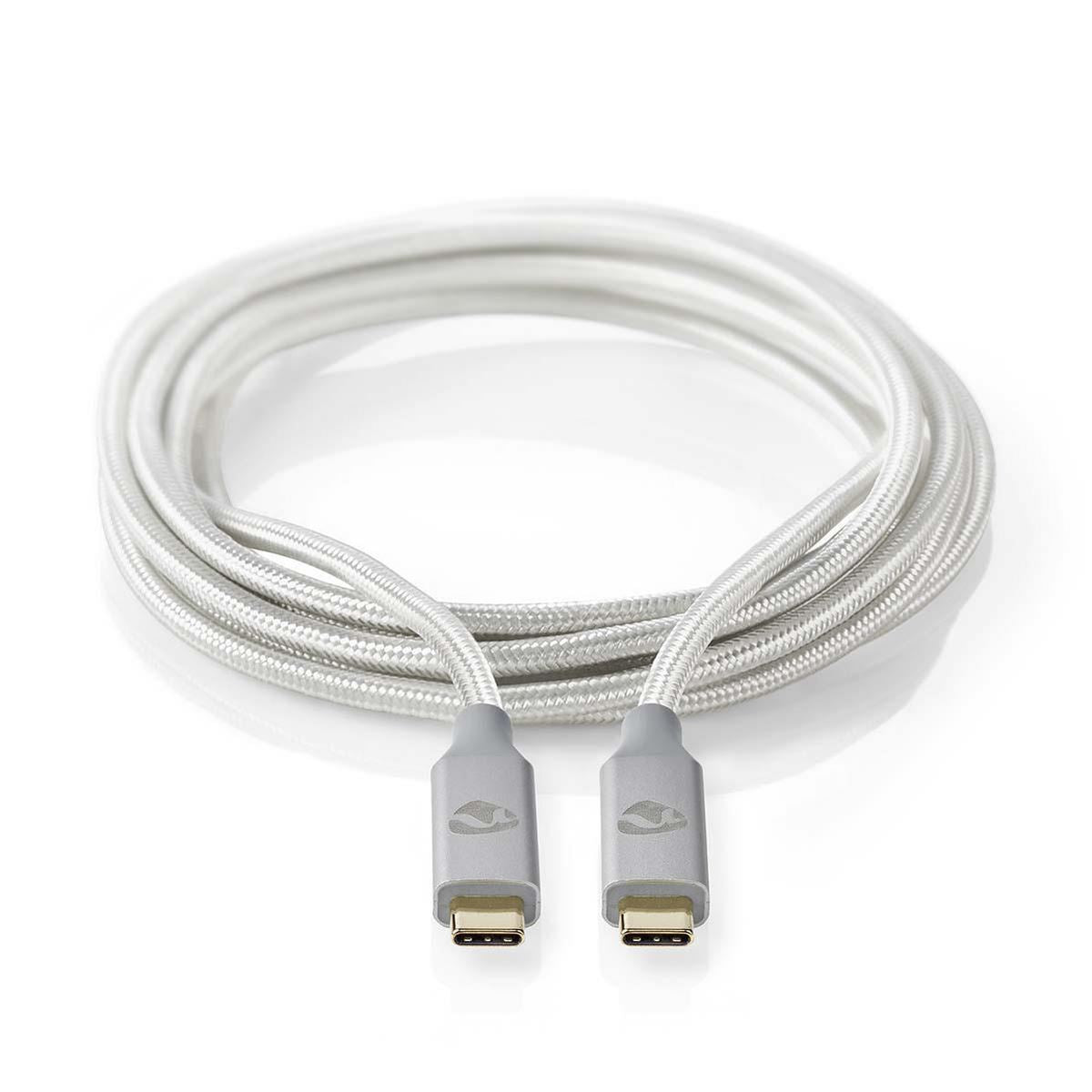 Nedis USB Cable | USB 3.2 Gen 2x2 | USB-C™ Male | USB-C™ Male | 100 W | 4K@60Hz | 20 Gbps | Gold Plated | 1.00 m | Round | Braided / Nylon | Silver | Cover Window Box