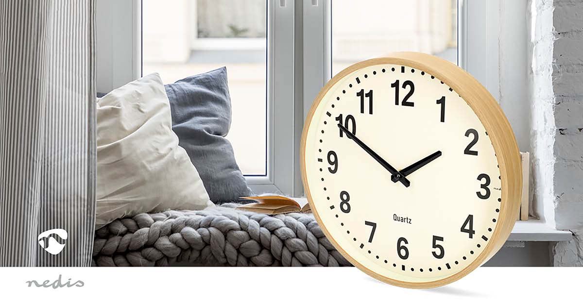 Nedis 30cm Wall Clock with Easy Read Numbers, Battery Powered - Light Wood