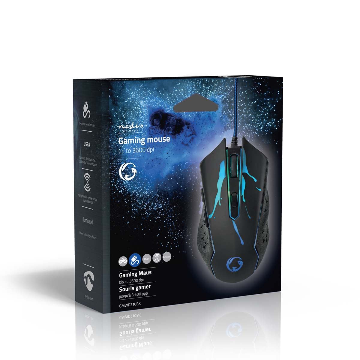 Nedis Gaming Mouse | Wired | 1200 / 1800 / 2400 / 3600 dpi | Adjustable DPI | Number of buttons: 6 | Programmable buttons | Right-Handed | 1.50 m | LED