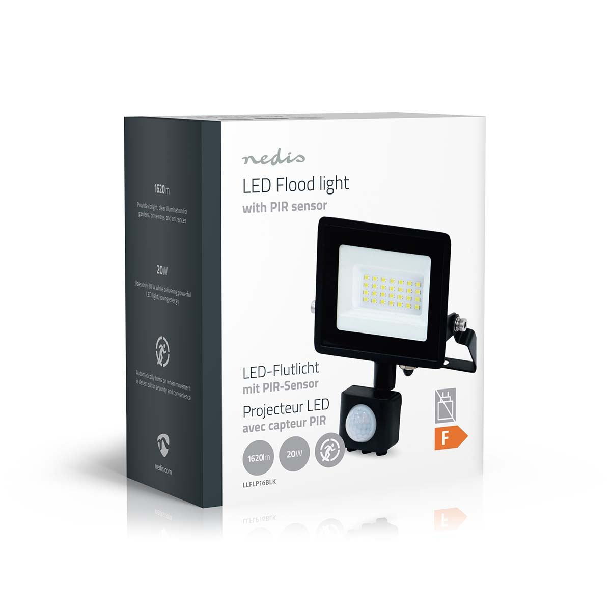 Nedis LED Floodlight with Motion Sensor - 20W Outdoor Security Light, 1620lm, 4000K Neutral White, Adjustable Timer, IP Rated, Wall Mount