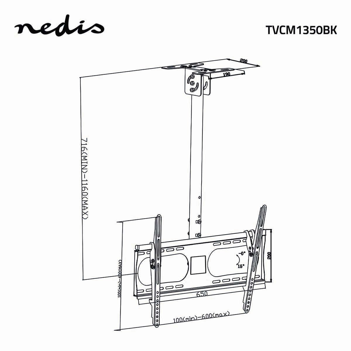 Nedis Full Motion TV Ceiling Mount | 42 - 65 " | Maximum supported screen weight: 45 kg | Tiltable | Rotatable | Minimum ceiling distance: 716 mm | Maximum ceiling distance: 1160 mm | 1 Pivot point(s) | Steel | Black
