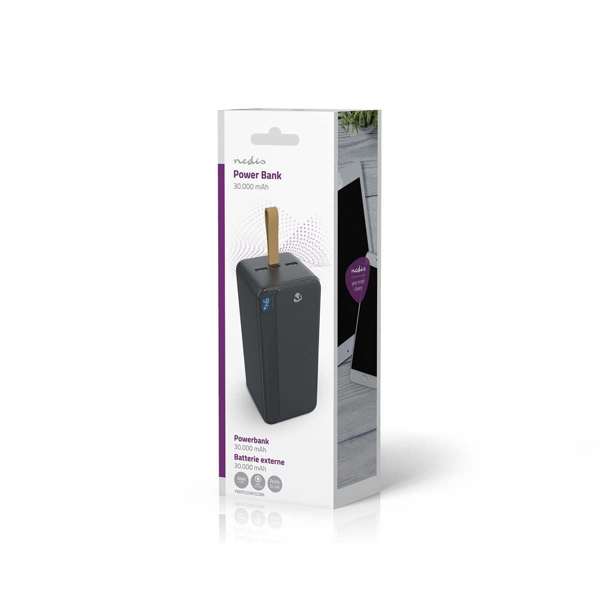 Nedis Powerbank | 30000 mAh | 1.5 / 1.67 / 2.0 / 2.22 / 3.0 A | Number of outputs: 3 | Output connection: 1x USB-C™ / 2x USB-A | Input connection: 1x USB-C™ | PD3.0 20W | Lithium-Polymer | Display
