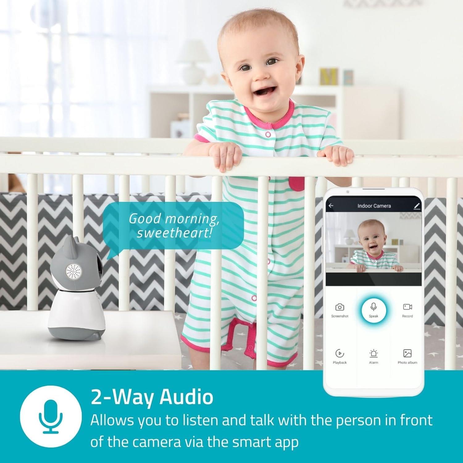 Nedis Smart Wifi Baby Monitor, Indoor Camera Full HD 1080p, Night Vision, PTZ, Motion & Sound Detection, 2-Way Audio, Humidity & Temperature Sensor, App Control � White/Grey