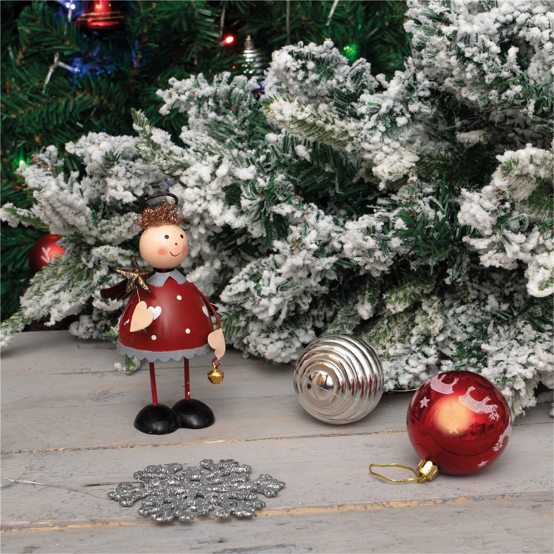 Standing Metal Christmas Angel Ornament Decoration with Wings Halo & Bell - Red