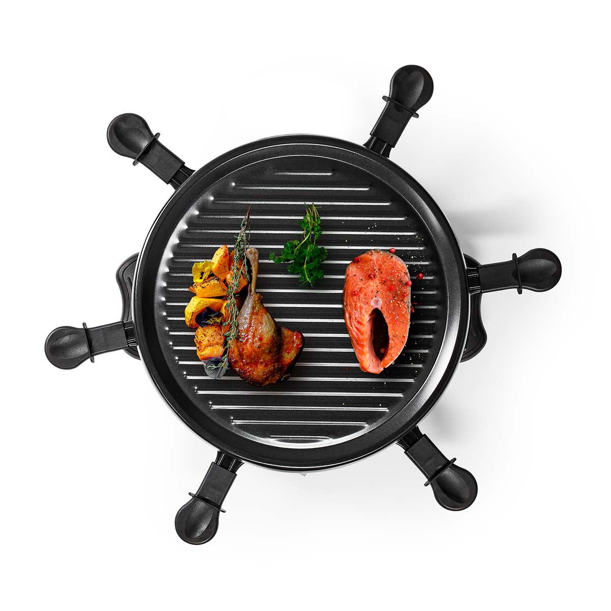 MELISSA Electric Raclette Gourmet Grill, 6 Person Indoor Non-Stick Tabletop Cooker, Removable Round Hot Plate, with 6 x Mini Cheese Pans & Spatulas, 800W