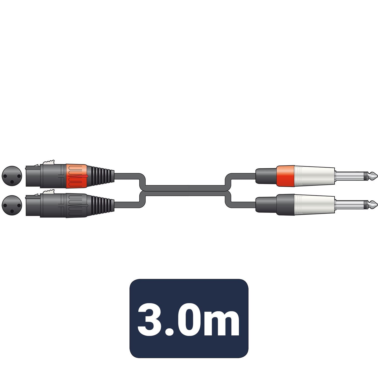 Citronic 3m Classic 2 x Female XLR to 2 x 6.35mm 1/4" Mono Jack Twin Lead / Audio Patch Cable