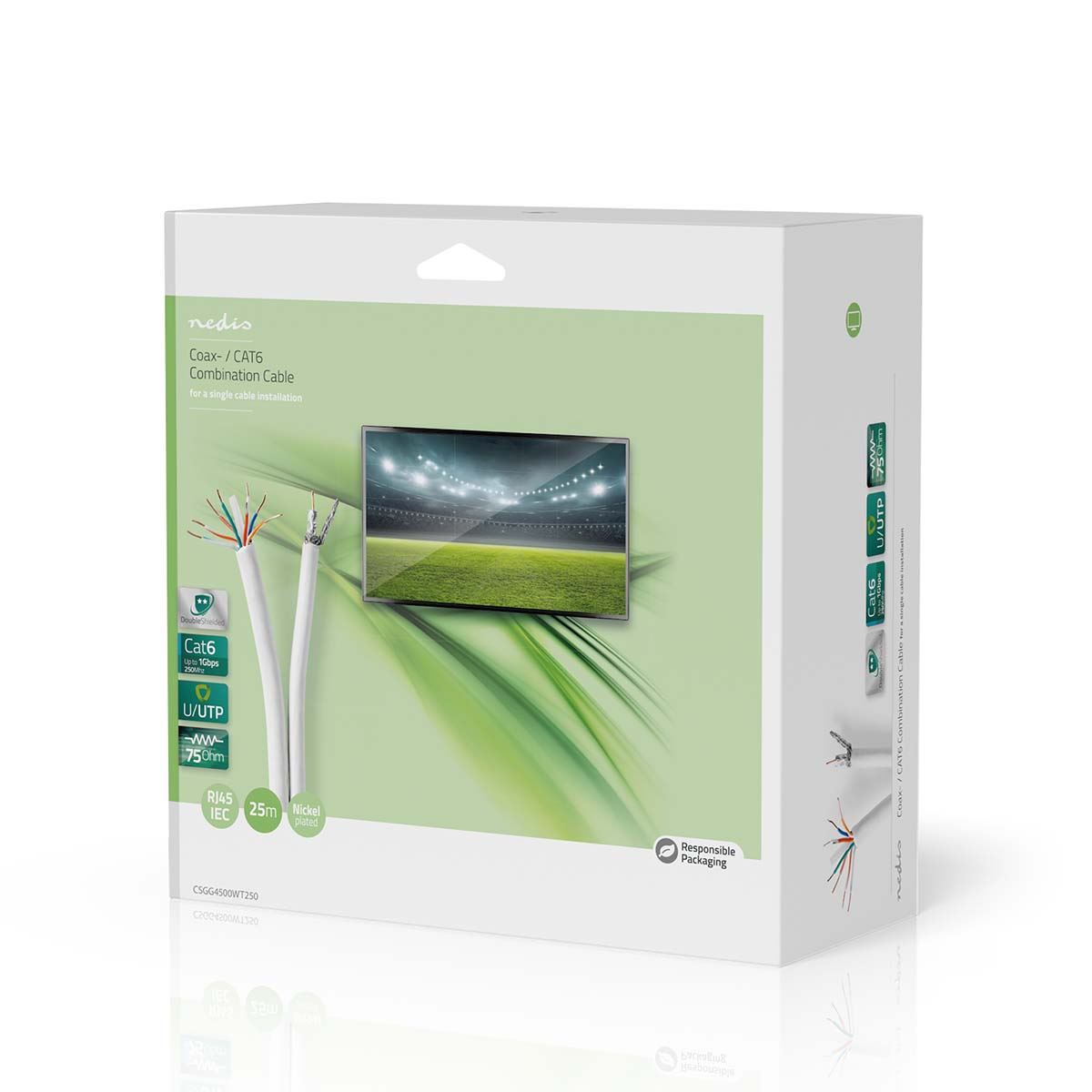Nedis IEC (Coax) CAT6 Combi Cable on reel | RG58 | 75 Ohm | Triple Shielded | ECA | 25.0 m | Round | White | Gift Box