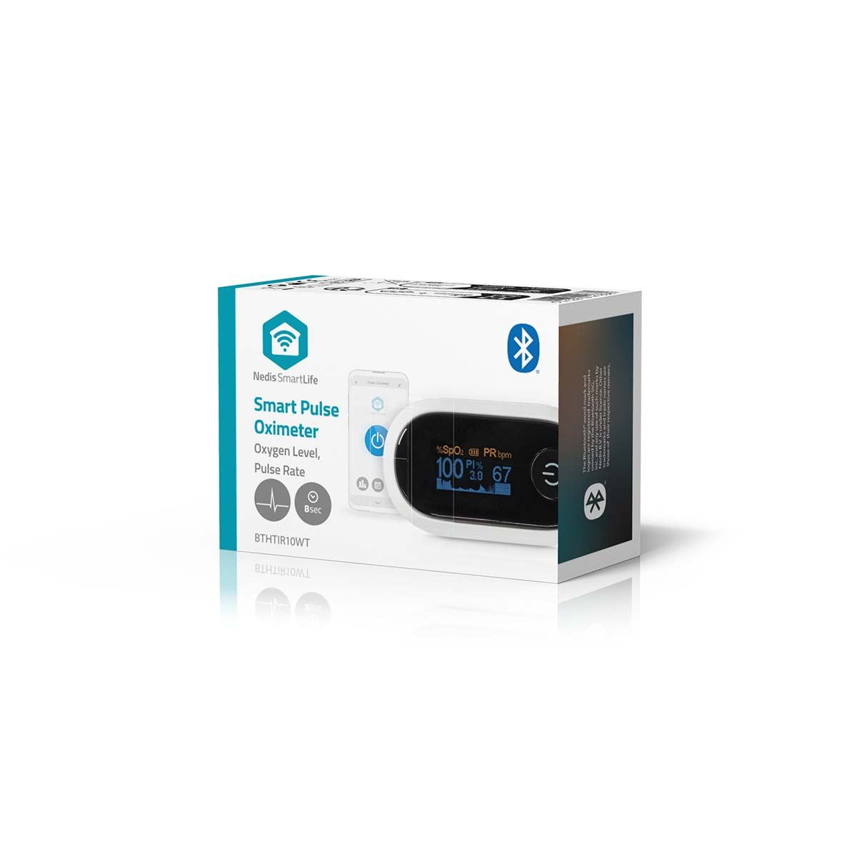 Nedis Smartlife Pulse Oximeter, Measures SpO2, PR & PI, OLED Display, Bluetooth, High Precision Sensor, 8-Second Reading, App Connected - White