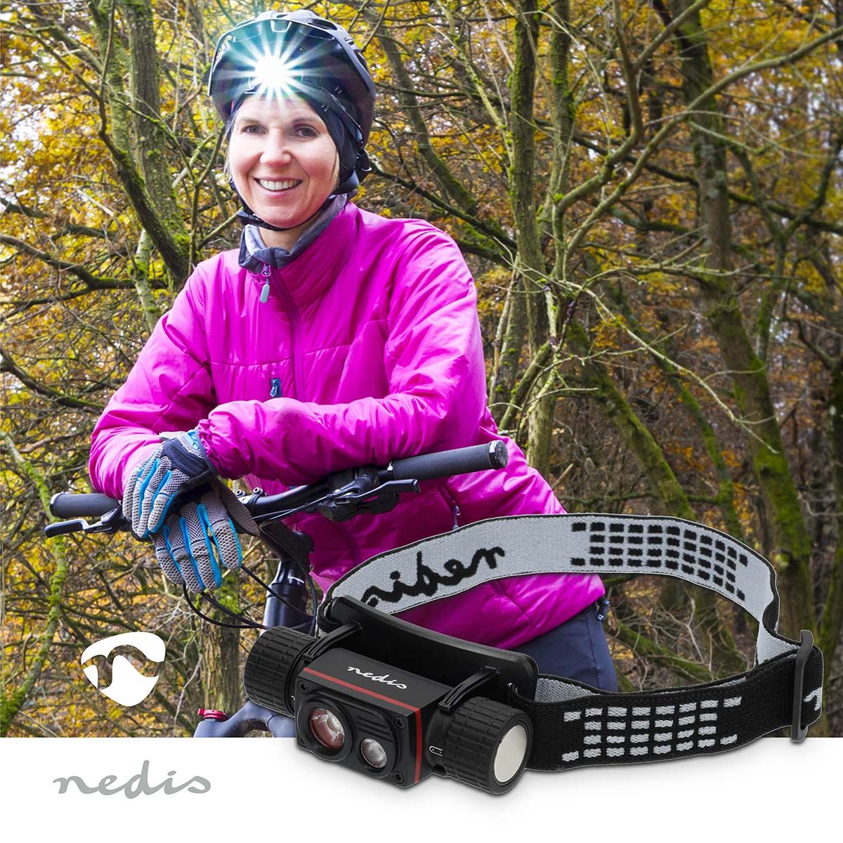 Nedis 10W LED Headlamp Rechargeable, IPX8 Water-Resistant, Aluminium Alloy Housing, Hidden USB-C, 1000 Lumen, 180m Beam Distance, Adjustable Elastic Headband