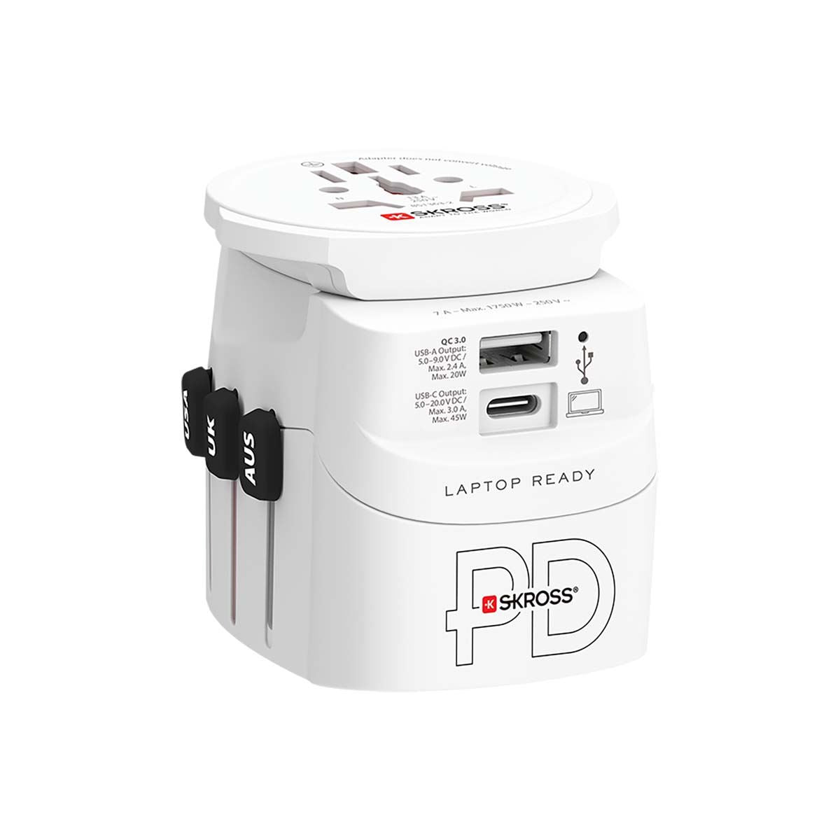 Skross Travel adapter 3-pole World Wide Earthed with integrated fast charging 45 watt PD USB charger (1 x USB C & 1 x USB) | SKR1302474