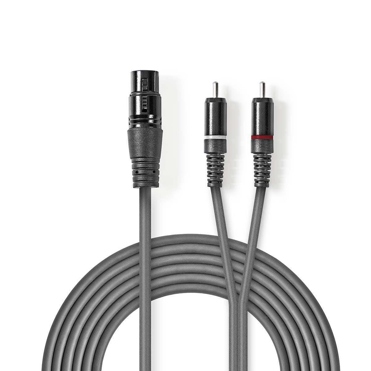 Nedis Balanced Audio Cable | XLR 3-Pin Female | 2x RCA Male | Nickel Plated | 3.00 m | Round | PVC | Dark Grey | Carton Sleeve