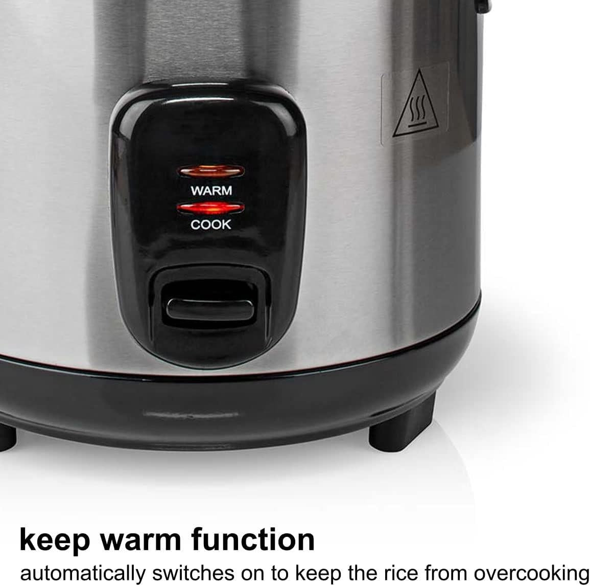 Nedis Rice Cooker, 1L, 400W, Cooks Up to 3 Portions, Non-Stick Removable Bowl, Auto Shut-Off & Keep Warm Function, Easy Meals, Stainless Steel � Silver