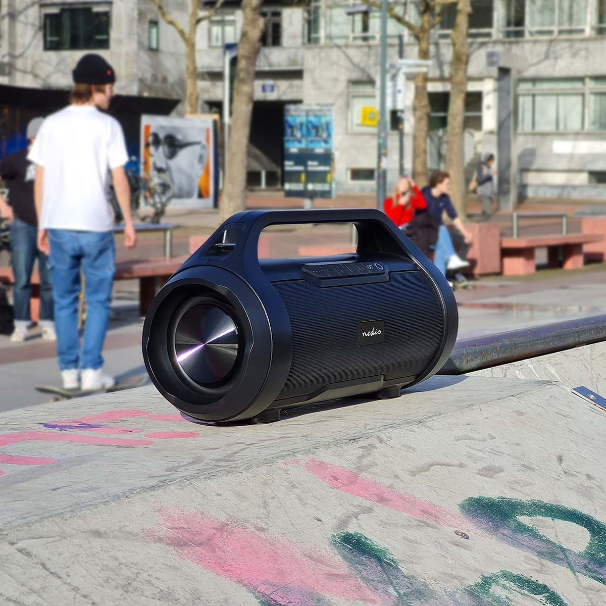 Nedis Bluetooth® Party Boombox | 6 hrs | 2.0 | 80 W | Media playback: AUX / Micro SD / USB | IPX5 | Linkable | Carrying handle | Party lights | Black