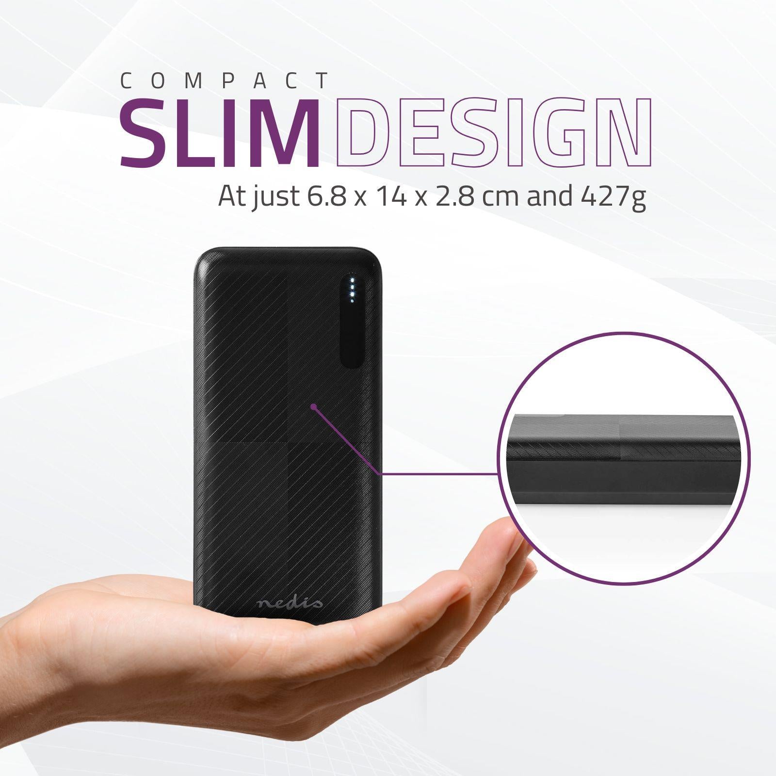 Nedis Powerbank | 20000 mAh | 1.5 / 2.0 / 3.0 A | Number of outputs: 2 | Output connection: 1x USB-A / 1x USB-C™ | Input connection: 1x Micro USB / 1x USB-C™ | PD2.0 18W | Lithium-Polymer