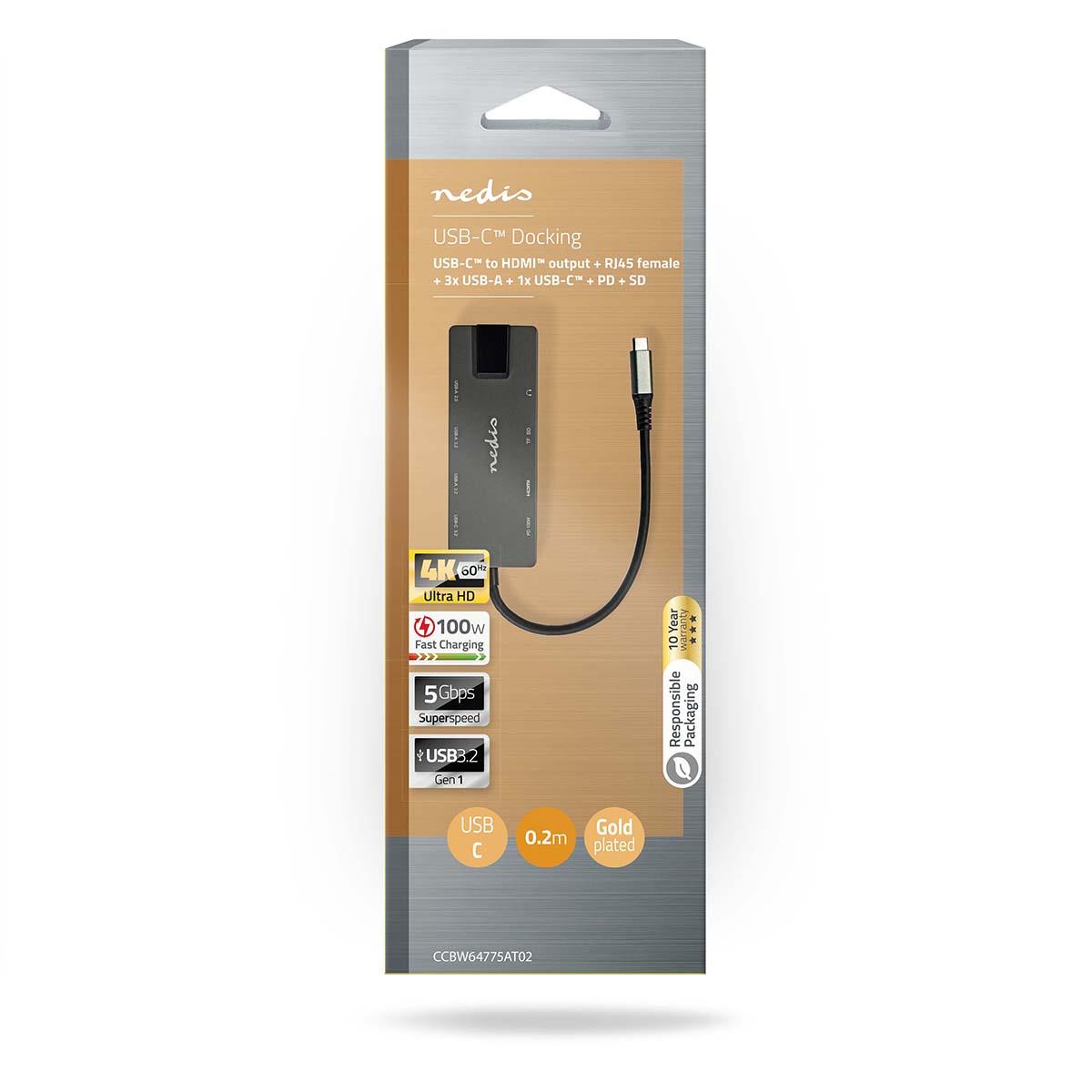 Nedis USB Multi-Port Adapter | 10-in-1 | USB 3.2 Gen 1 | USB-C™ Male | HDMI™ Output / RJ45 Female / SD / 2x USB-C™ / 3.5 mm Female / 3x USB-A Female | 5 Gbps | 0.20 m | Round | Gold Plated | PVC | Anthracite | Box