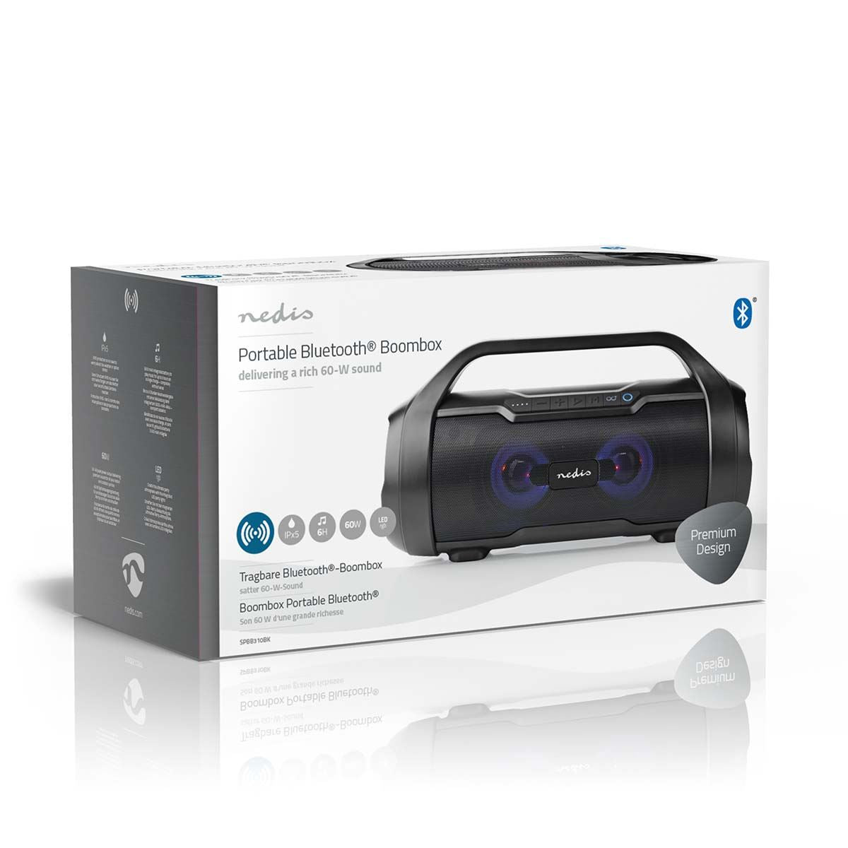 Nedis Bluetooth® Party Boombox | 6 hrs | 2.0 | 80 W | Media playback: AUX / Micro SD / USB | IPX5 | Linkable | Carrying handle | Party lights | Black