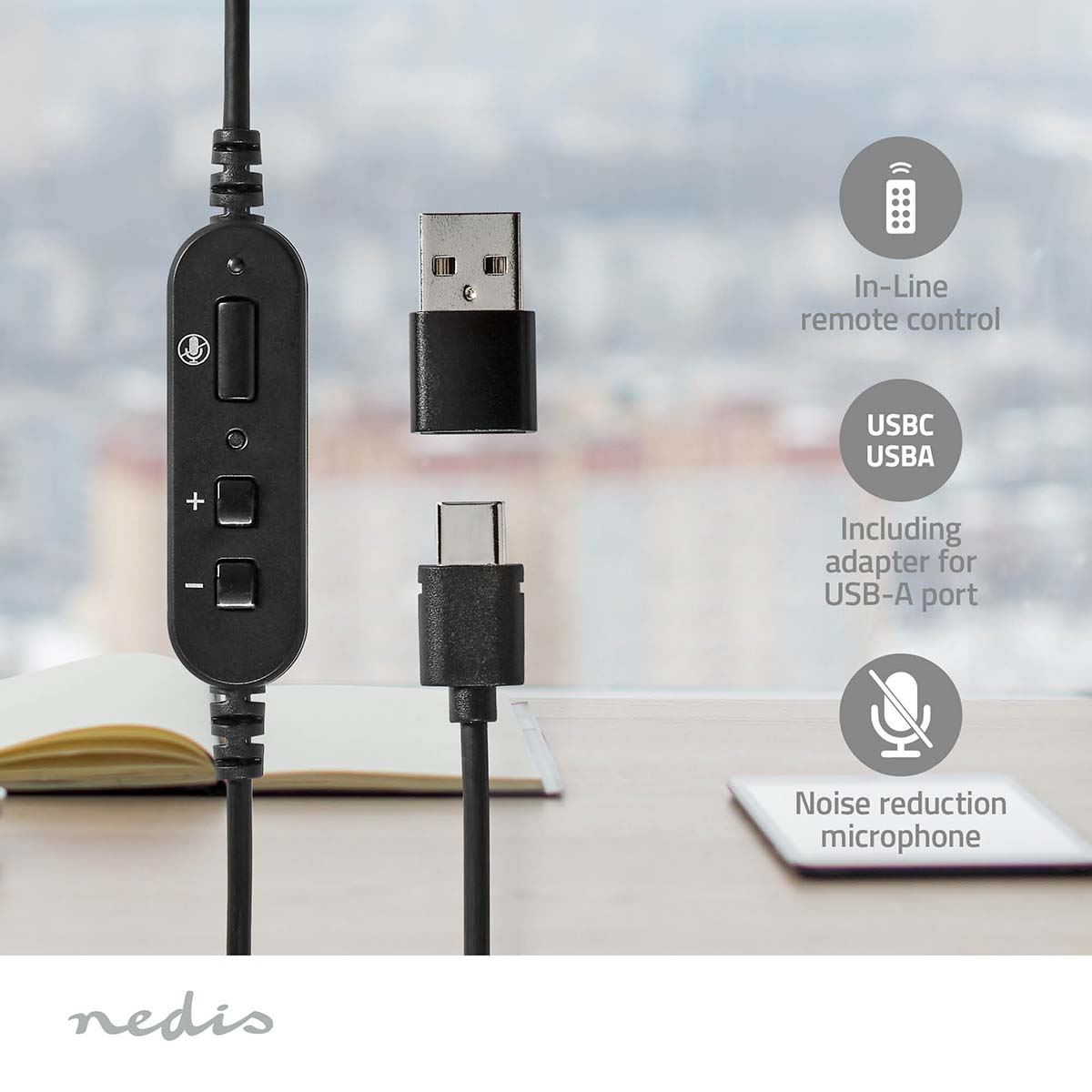 Nedis PC Headset | On-Ear | Stereo | USB Type-A / USB Type-C™ | Fold-Away Microphone | Black