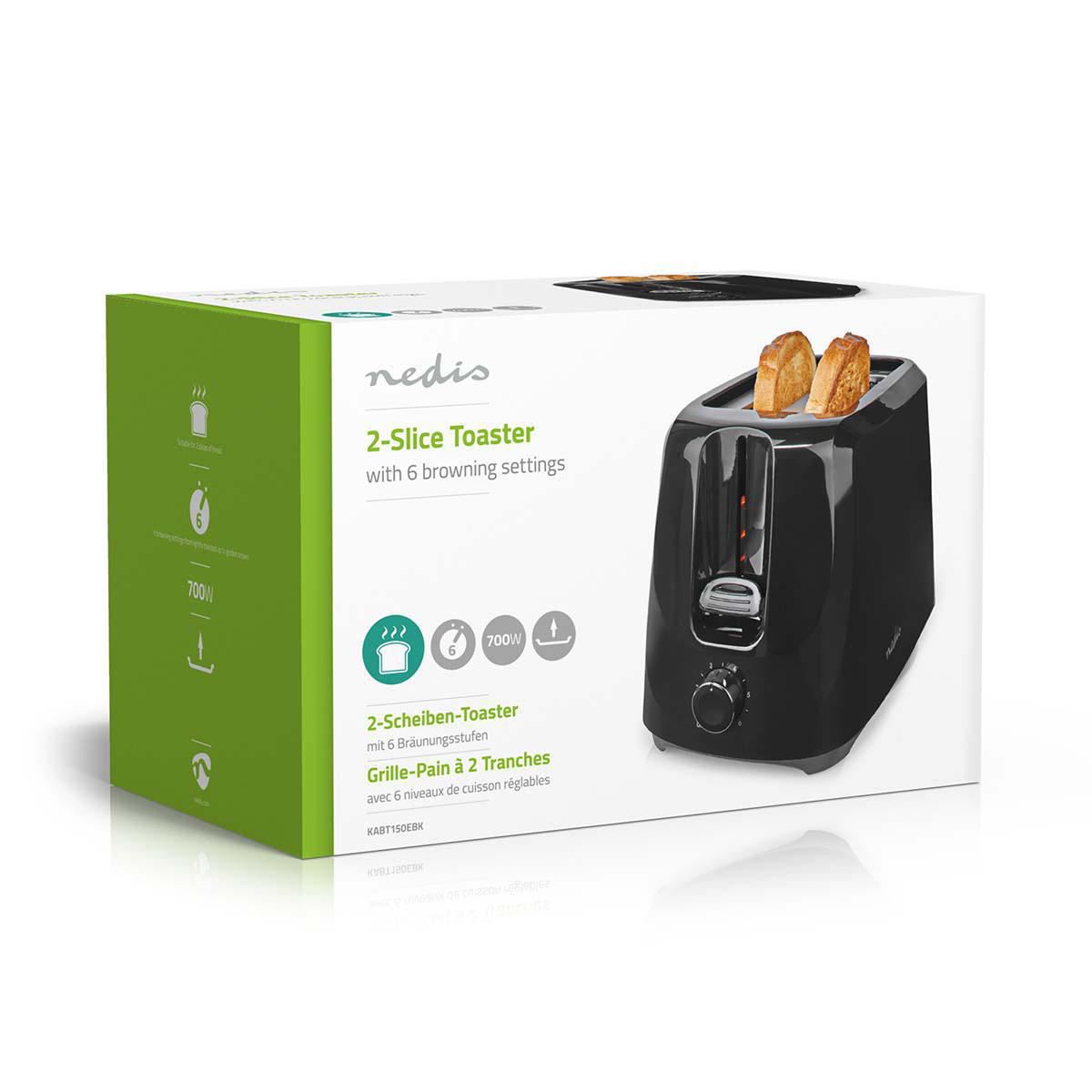 Nedis 2 Slice Bread Toaster 6 Browning Levels 600W Wide Slots Led Indicator