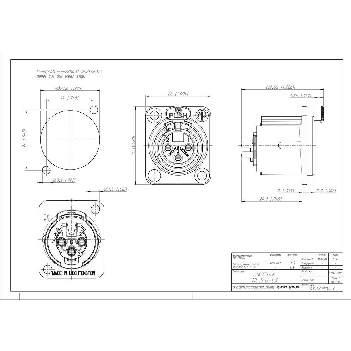 Neutrik 3 pole female receptacle, solder cups, black metal housing, silver contacts