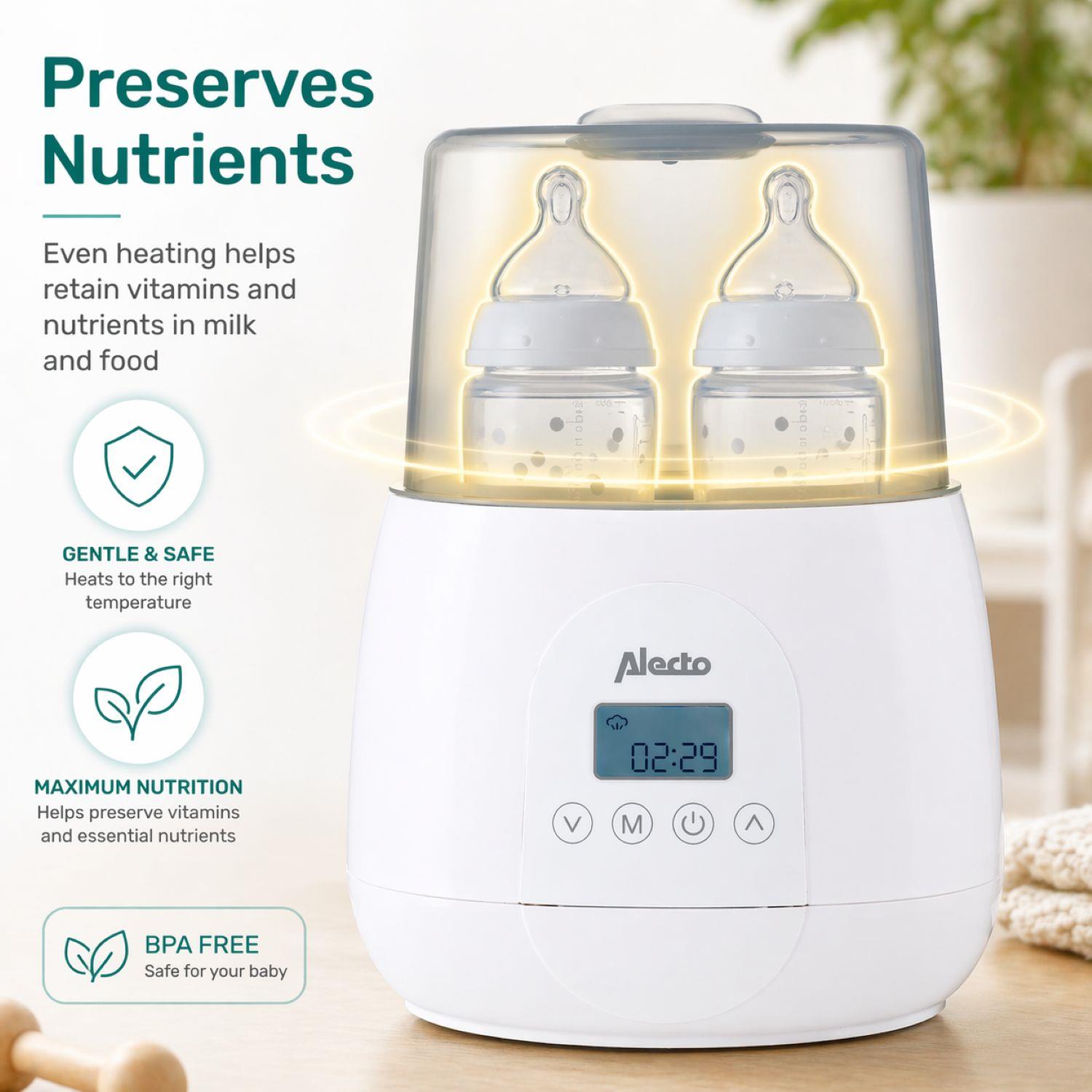 Alecto 2 Bottle Warmer, Baby Double Bottle Sterilizer with Digital Display and Temperature Control in Minutes, Portable Mam Bottle Warmer for Breastmilk, Food, Formula for Travel and Home Use
