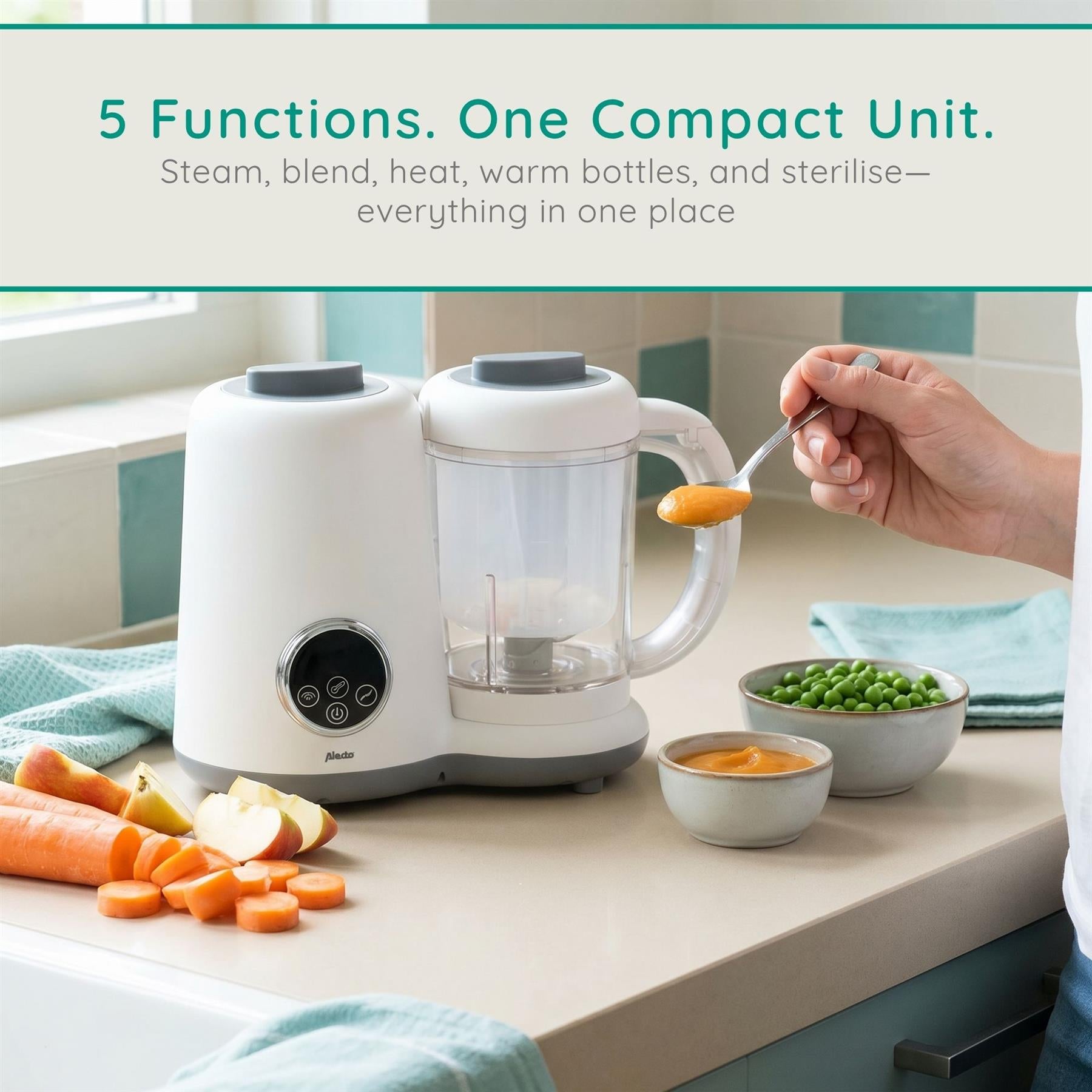 Alecto 5-in-1 Baby Food Maker, One Step Baby Food Processor Blender Grinder Puree Maker, Blend, Warm, Sterilize, Steam Cook, BPA-Free