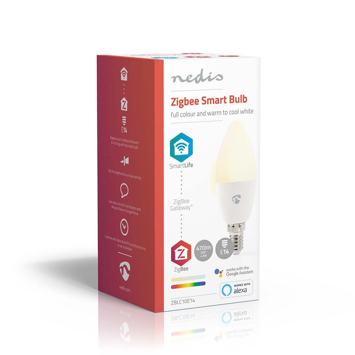 Nedis SmartLife Full Colour LED Bulb, E14 Zigbee Candle Light, Dimmable, RGB + 2200-6500K, Voice Control with Amazon Alexa & Google Home, Timer Function