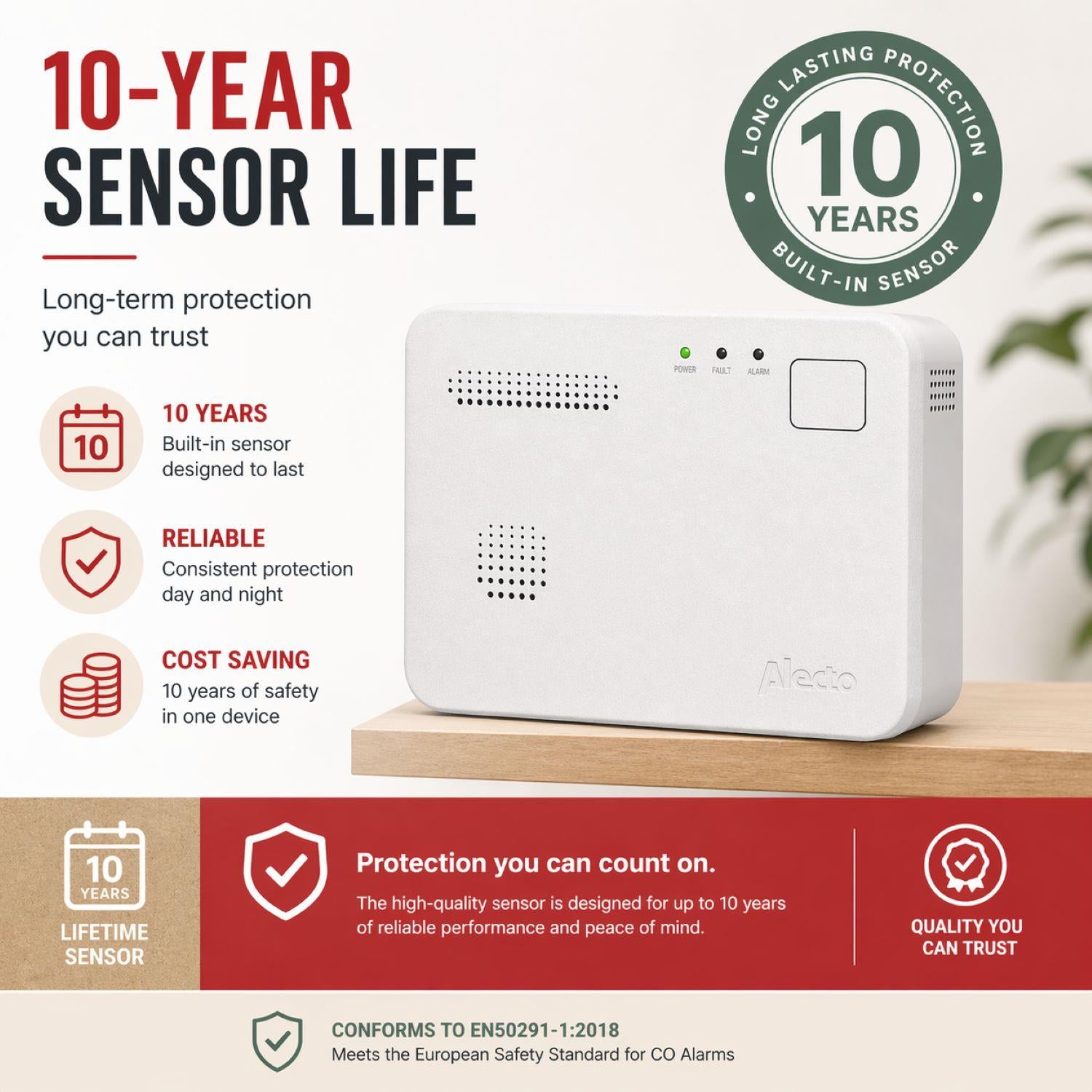 Alecto COA1910 Carbon monoxide Alarm with 10 year Sensor Runtime | LED Indication | EN50291-1:20180 | White