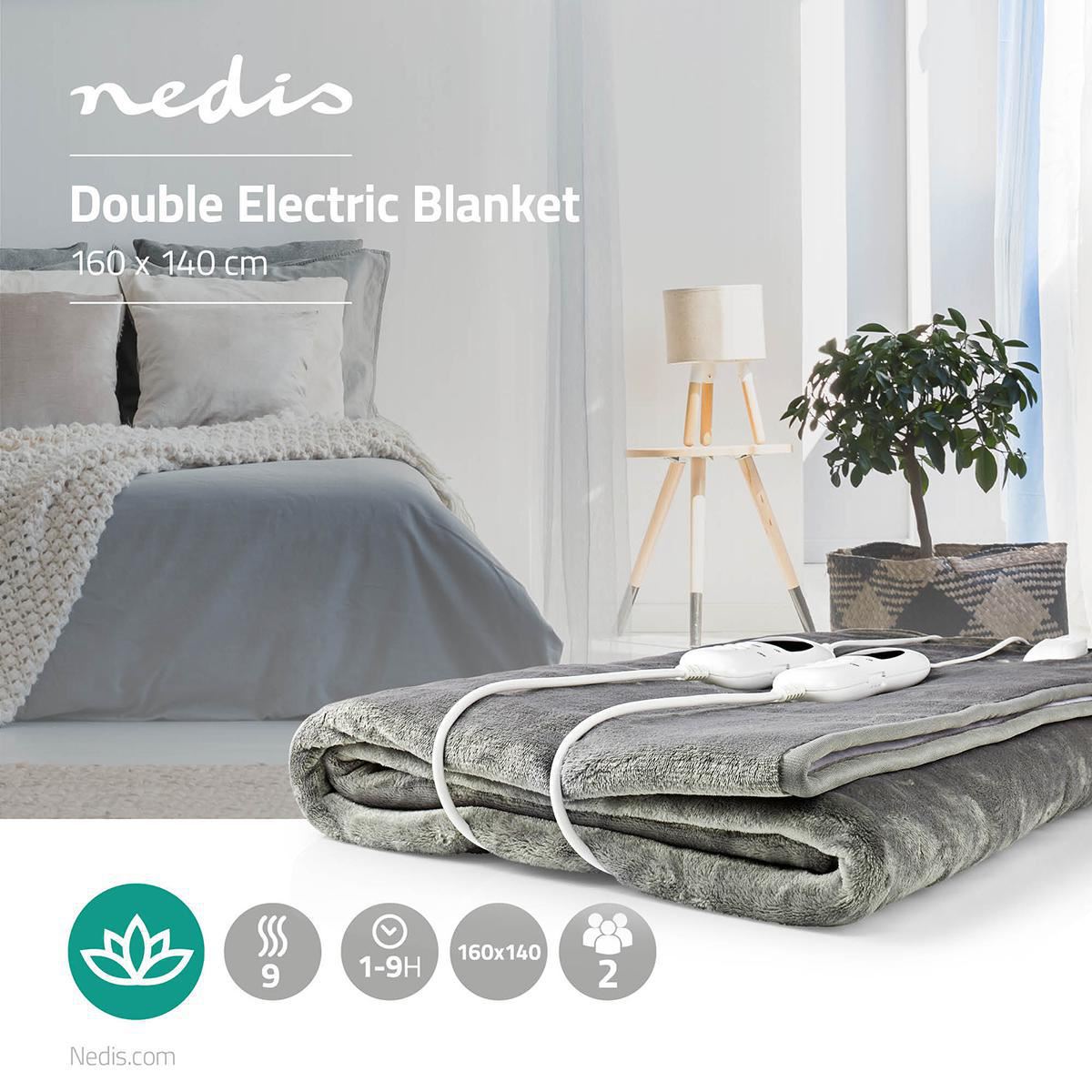 Nedis Heated Blanket, Underblanket 160 x 140cm, 2 Person, Grey, 9 Levels, Timer Auto-Off, Machine Washable, Fleece Soft and Full Body Warming, Sofa Bed Office Use, Warm blanket, Electric throw