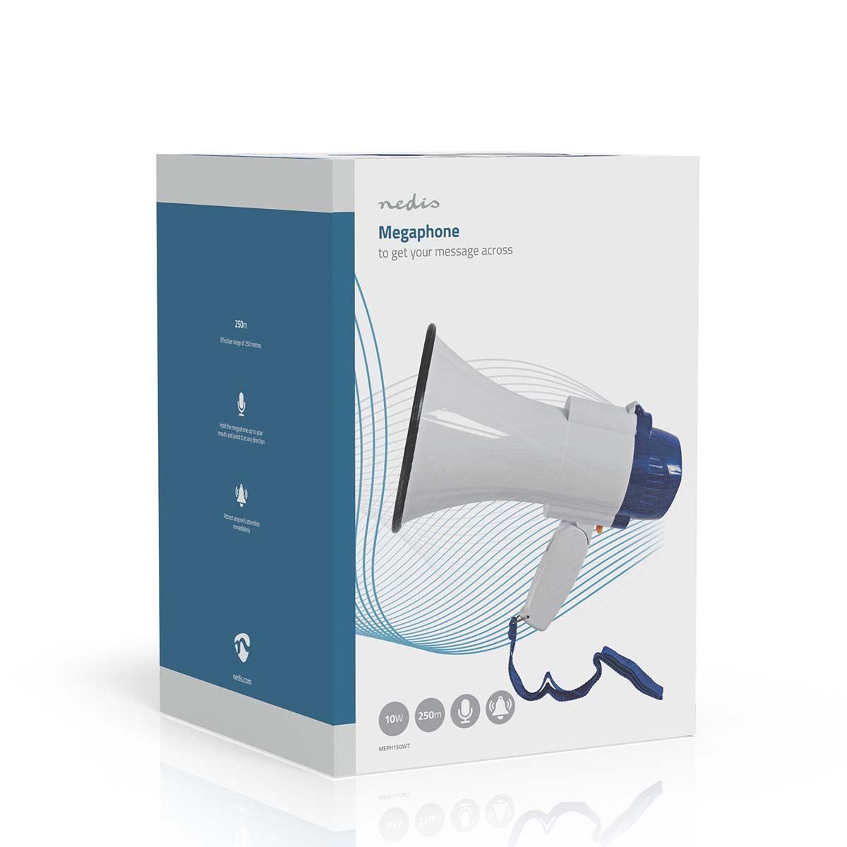 Nedis 10W Megaphone, 250m Range with Built-in Microphone, Siren, Adjustable Volume, Record Function - White & Blue