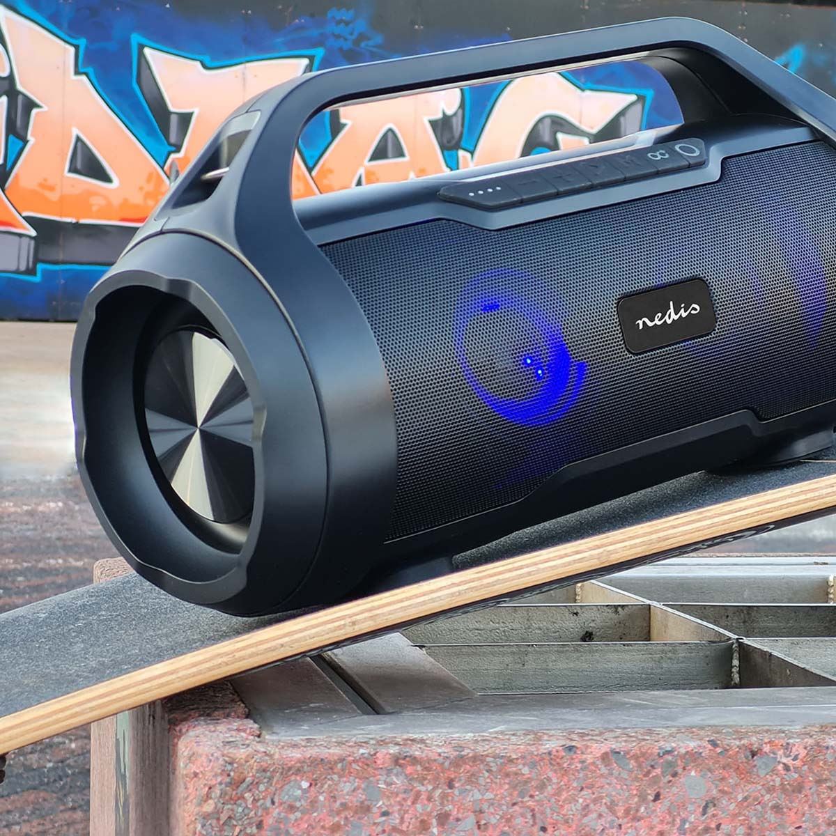 Nedis Bluetooth® Party Boombox | 6 hrs | 2.0 | 80 W | Media playback: AUX / Micro SD / USB | IPX5 | Linkable | Carrying handle | Party lights | Black