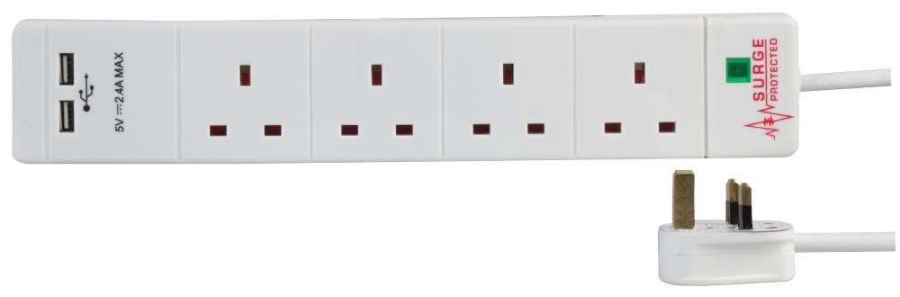4 Gang 1m Mains Extension Lead Socket Surge Protected 13A with USB Charge Ports - White
