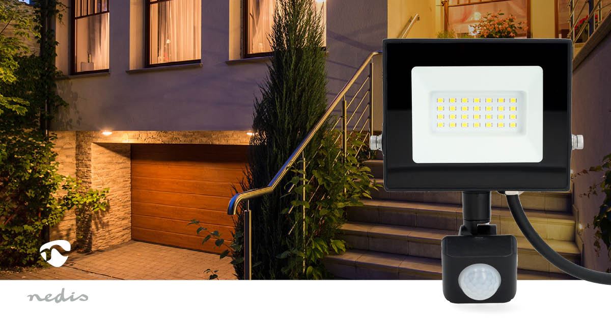 Nedis LED Floodlight with Motion Sensor, 20W Energy Efficient Outdoor Light 1620 Lumens, 4000K Cool White, Adjustable Mounting Bracket, Detection Range 3x8m, Instant Illumination