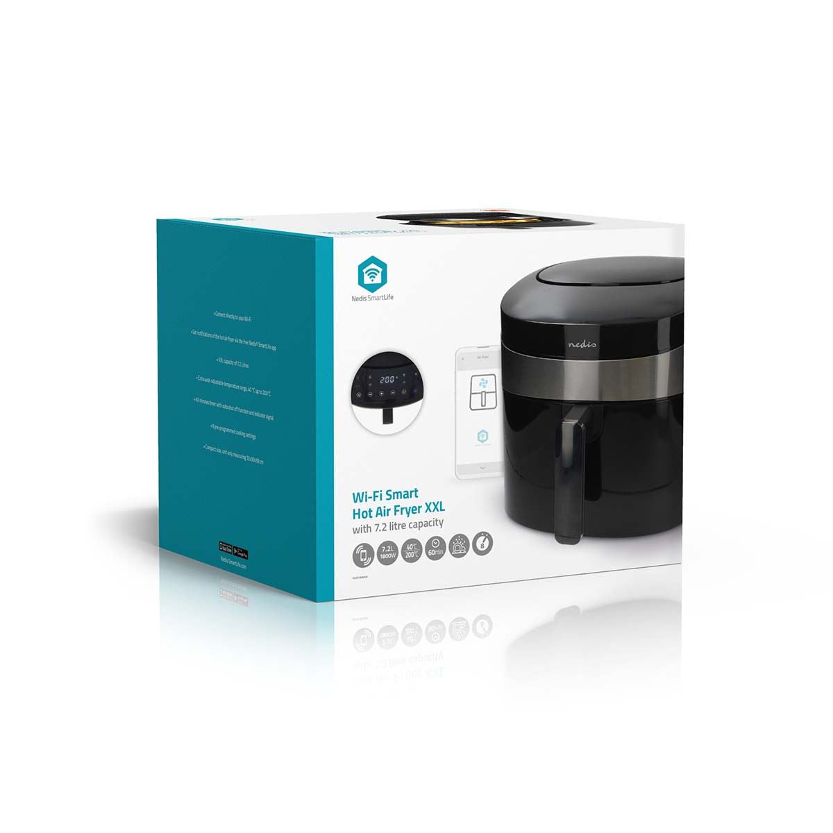 Nedis 7.2L Hot Air Fryer Wi-Fi SmartLife XXL for Healthy Low Fat Cooking, with Adjustable Temperature, Digital Display Control, 8 Presets and 60 Minute Timer, 1800W - Black