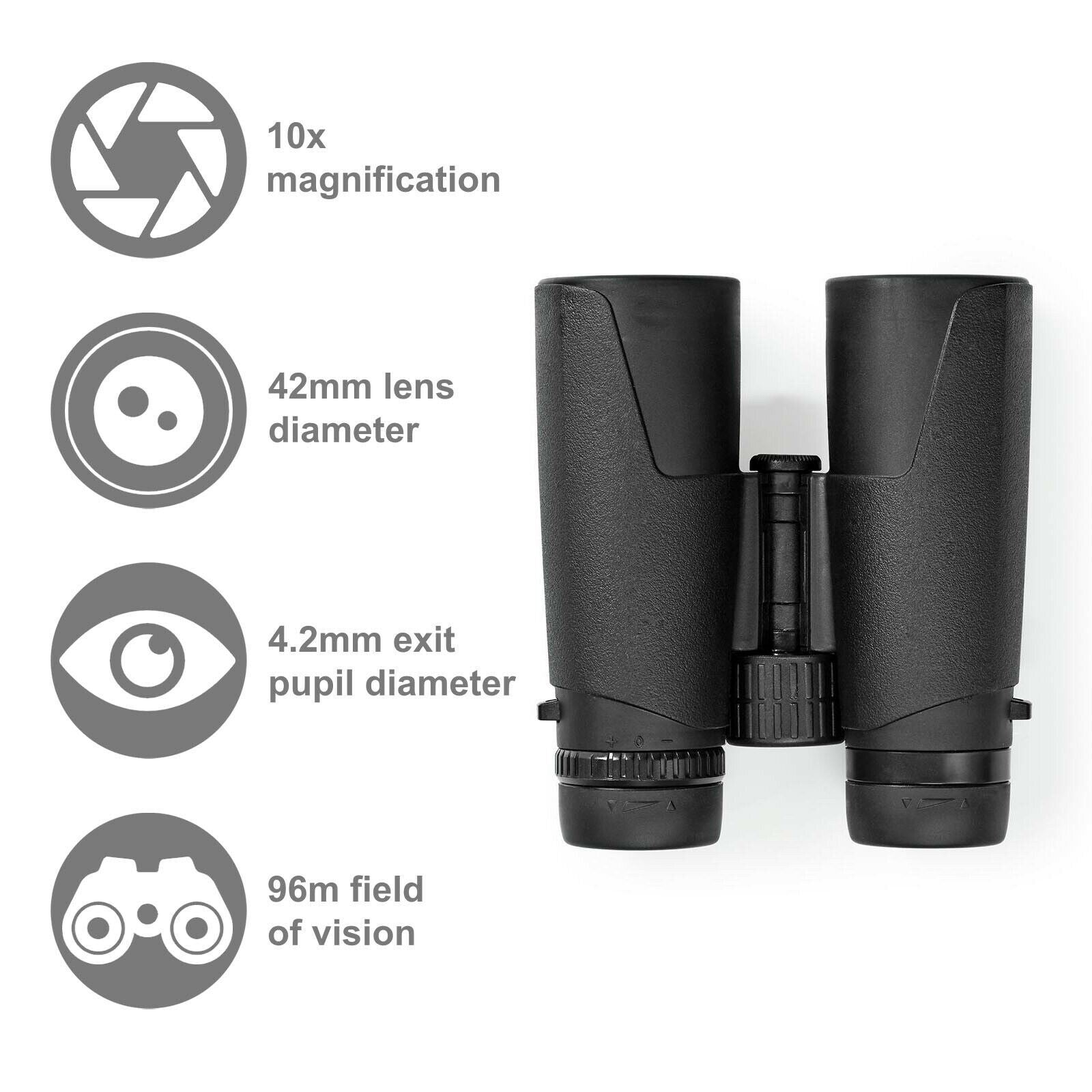 Nedis Binoculars 10x42 Roof Prism, Lightweight Travel Model with Rubber Grip, Dioptric Correction & 12mm Eye Relief for Spectacle Wearers, Black, Blue Lens