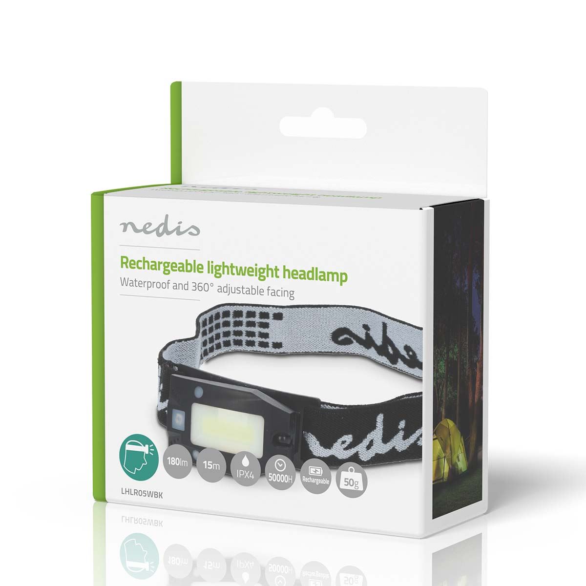 Nedis LED headlight | Battery Powered / USB Powered | 3.7 V DC | Batteries included | Rechargeable | Rated luminous flux: 180 lm | Light range: 20 m