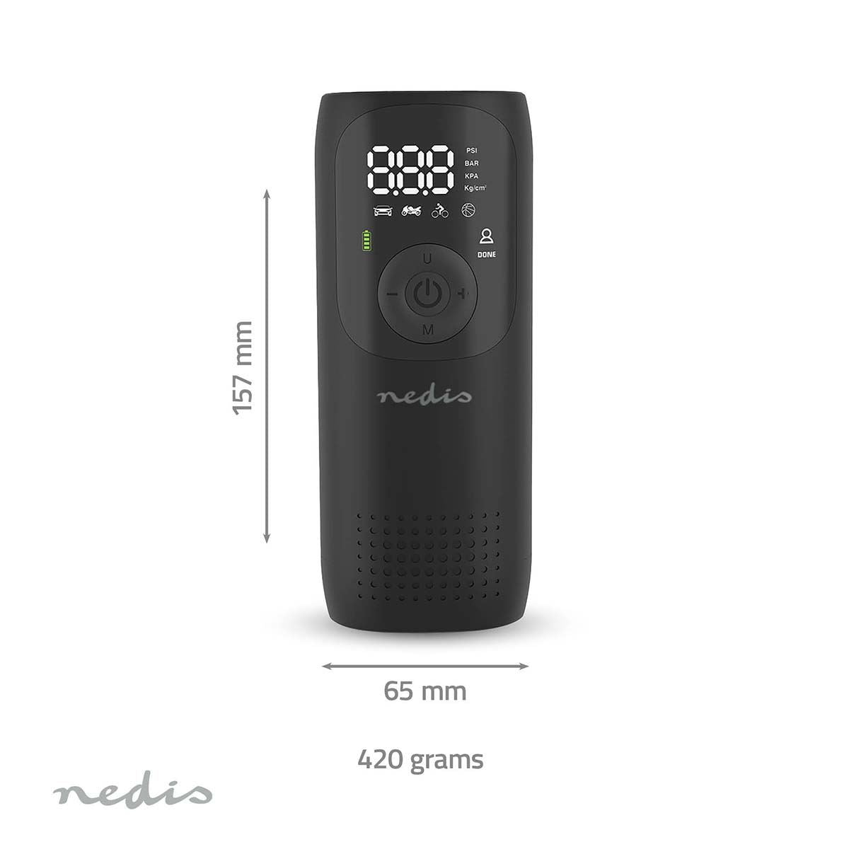 Nedis Portable Tyre Inflator, Rechargeable Air Compressor with Digital Display, LED Torch, 150 PSI Max Pressure, USB-C Charging, for Car, Bike, Motorcycle, Footballs, Inflatables & More