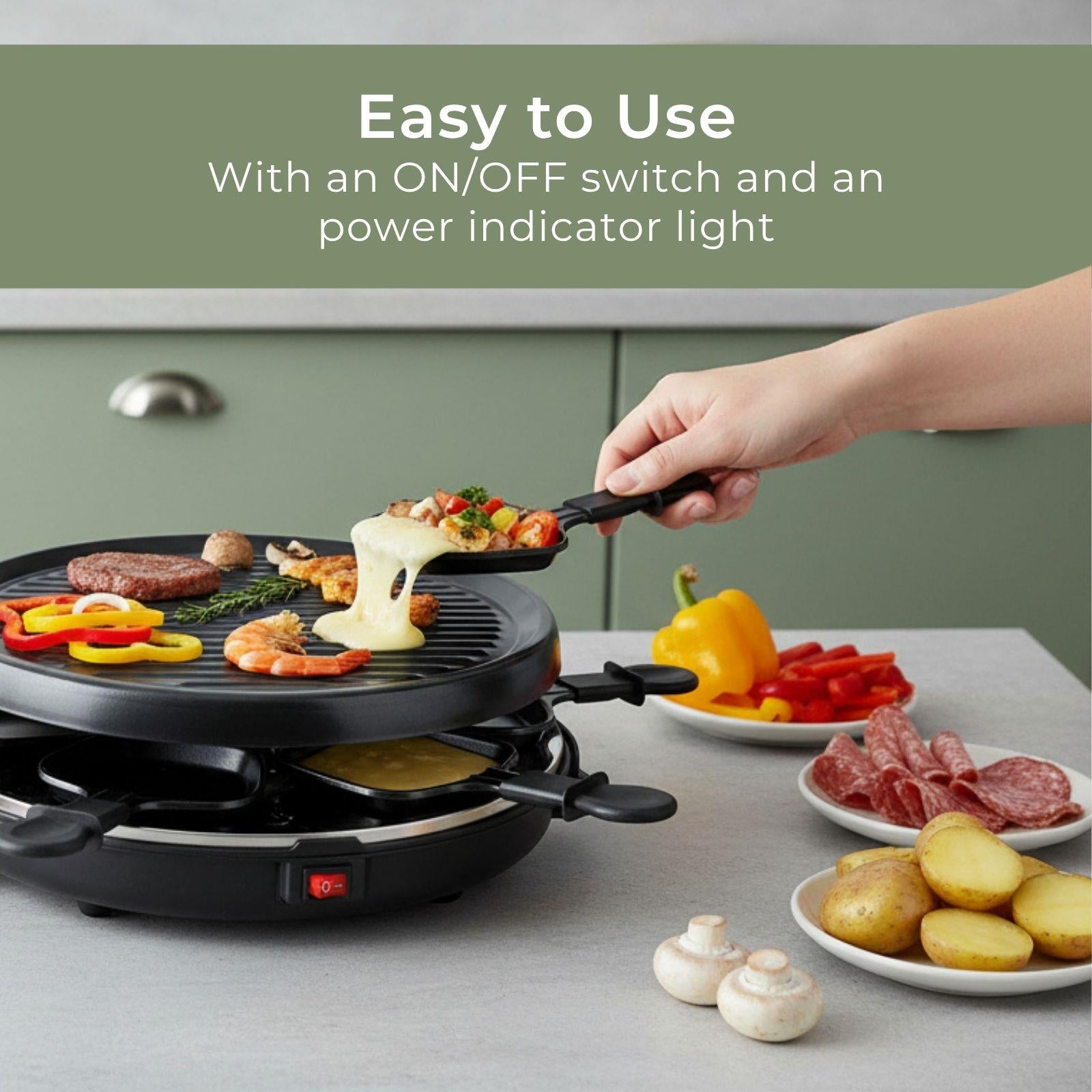 MELISSA Electric Raclette Gourmet Grill, 6 Person Indoor Non-Stick Tabletop Cooker, Removable Round Hot Plate, with 6 x Mini Cheese Pans & Spatulas, 800W