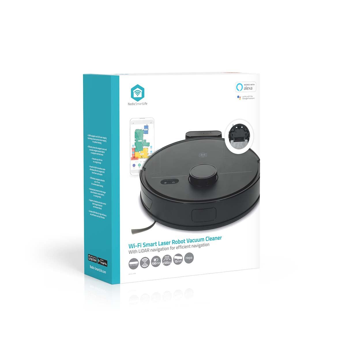 Nedis SmartLife Robot Vacuum Cleaner | Laser Navigation | Wi-Fi | Capacity collection reservoir: 0.6 l | Automatic charging | Maximum operating time: 1.75 hrs | Black | Android™ / IOS